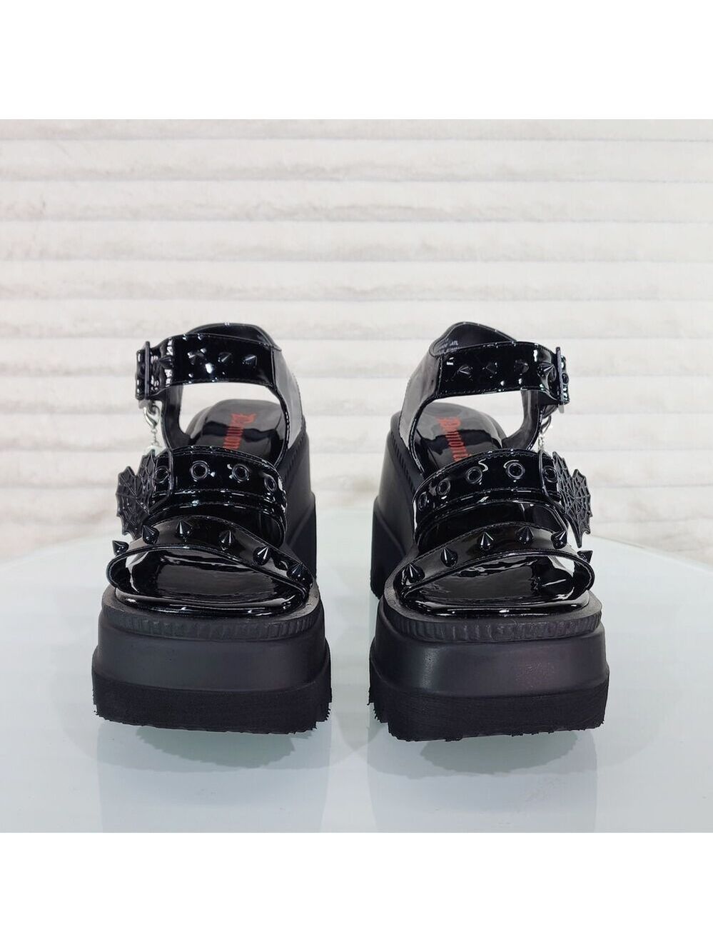 NIB Shaker 13 Black Out Patent 4.5" Wedge Heel Gothic Sandals Studs Charms - Picture 6 of 9